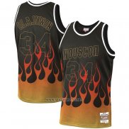 Camiseta Houston Rockets Hakeem Olajuwon Flames NO 34 Negro