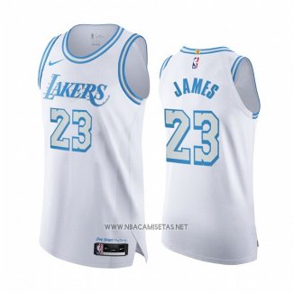 Camiseta Los Angeles Lakers LeBron James NO 23 Ciudad Autentico 2020-21 Blanco