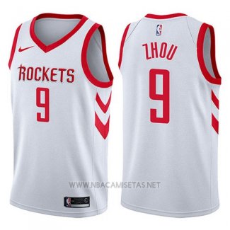 Camiseta Houston Rockets Zhou Qi NO 9 Swingman Association 2017-18 Blanco