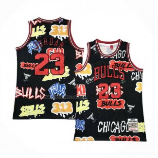 Camiseta Chicago Bulls Michael Jordan NO 23 Slap Sticker Mitchell & Ness 1997-98 Negro