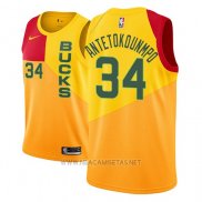 Camiseta Milwaukee Bucks Giannis Antetokounmpo NO 34 Ciudad 2018-19 Amarillo