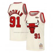 Camiseta Chicago Bulls Dennis Rodman NO 91 Mitchell & Ness Chainstitch Crema