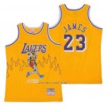 Camiseta Los Angeles Lakers LeBron James NO 23 Hardwood Classics Skull Edition Amarillo