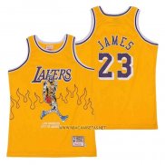 Camiseta Los Angeles Lakers LeBron James NO 23 Hardwood Classics Skull Edition Amarillo