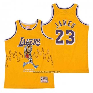 Camiseta Los Angeles Lakers LeBron James NO 23 Hardwood Classics Skull Edition Amarillo