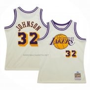 Camiseta Los Angeles Lakers Magic Johnson NO 32 Mitchell & Ness Chainstitch Crema