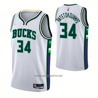 Camiseta Milwaukee Bucks Giannis Antetokounmpo NO 34 Ciudad 2021-22 Blanco