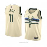 Camiseta Milwaukee Bucks Brook Lopez NO 11 Ciudad 2018 Crema