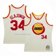 Camiseta Houston Rockets Hakeem Olajuwon NO 32 Mitchell & Ness Chainstitch Crema